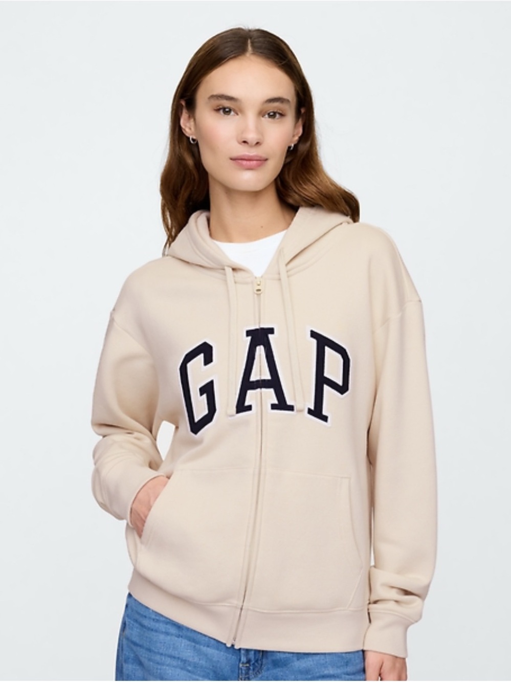 Beige Women's GAP Zip Hoodie with Navy Logo
